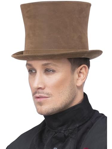 Smiffys 52823 Brown Deluxe Authentic Victorian Top Hat - Unisex Adult Costume Accessory, One Size