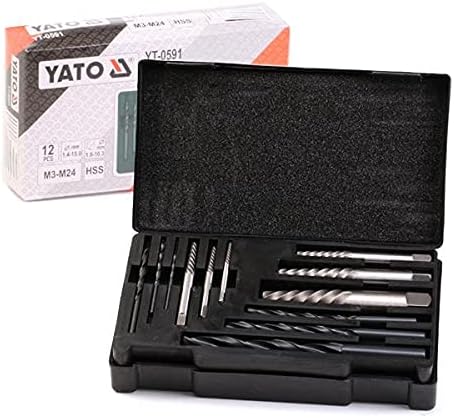 Yato YT-0591 Screw Extractor Set 12pcs - M3 to M24 with Drill Bits in Plastic Case