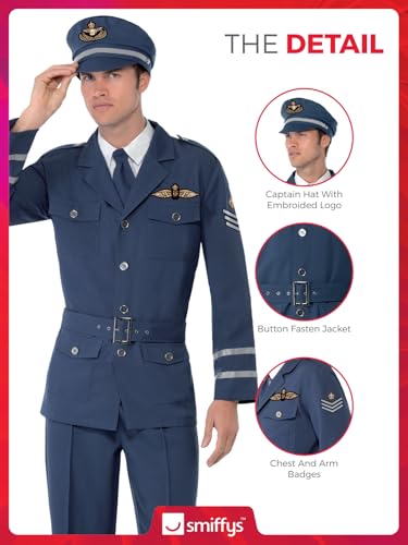 Smiffys WW2 Air Force Captain Costume - Adult Men's Military Fancy Dress Outfit with Trousers, Jacket, Hat & Tie, Size L, 38830