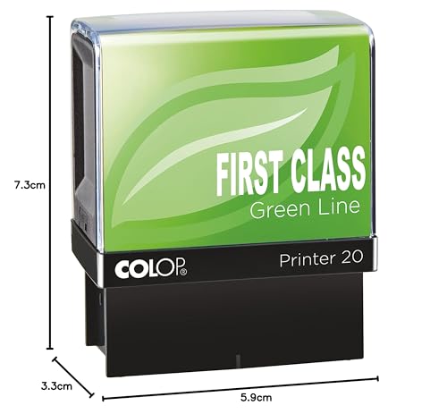 COLOP Green Line FIRST CLASS Stamp - Red Ink | Eco-Friendly Self-Inking Stamp | 38x14mm Impression Size