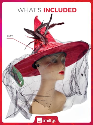 Smiffys Witch Deluxe Hat with Net & Feathers, Deep Red (36720)