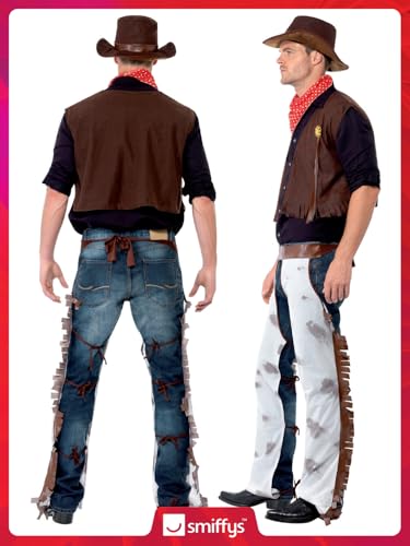 Smiffys Adult Men's Cowboy Costume - Western Outfit with Waistcoat, Chaps, Scarf & Hat (Size M, Model 20471)