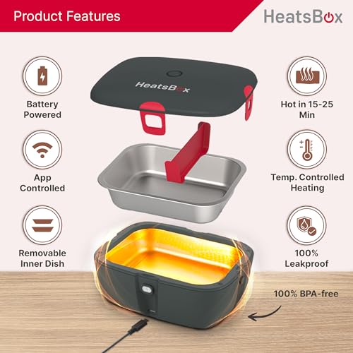 Faitron WFH03 Go Portable Electric Lunch Box - 925ml, 100W, Stainless Steel, App-Controlled, Rechargeable Battery, Gray