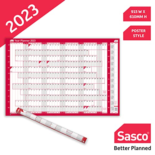 Sasco 2023 Original Year Wall Planner with Wet Wipe Pen & Sticker Pack, Red, Poster Style