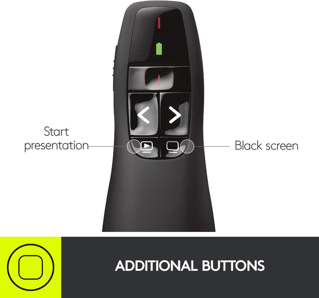 Logitech Wireless Presentation Remote with Red Laser Pointer, Intuitive Slideshow Control, 15m Range, Black (910-001356)