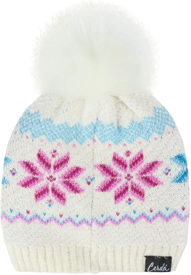 CERDA ARTESANIA Frozen 2 Pompon Beanie - Unisex Acrylic Winter Hat with Water Prints, One Size, White