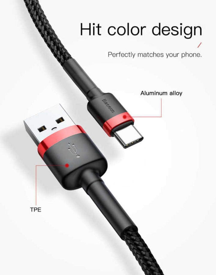 Baseus Cafule USB to USB-C Cable - 2A Fast Charging, 2m Length, Durable Red Cable