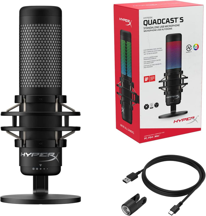 HyperX QuadCast S – RGB USB Condenser Microphone for PC, PS4, and Mac with Anti-Vibration Shock Mount, Built-in Pop Filter, and Customizable RGB Lighting