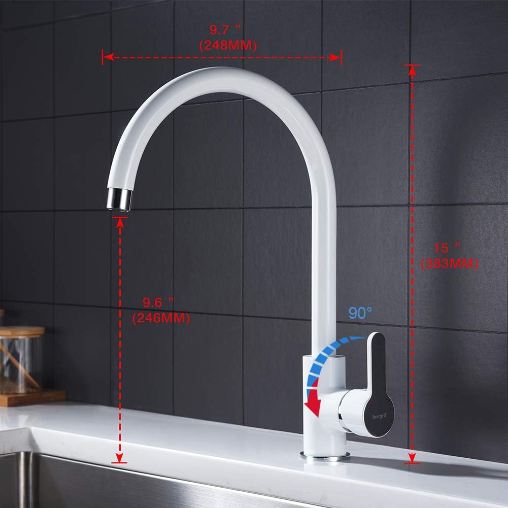 Ibergrif M14122W Square Kitchen Tap with Rotation Spout, Single Lever Sink Faucet, White Finish