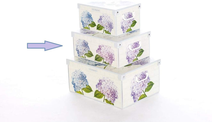 Kanguru Decorative Storage Box with Handles and Lid, Hydrangeas Design, Medium Size