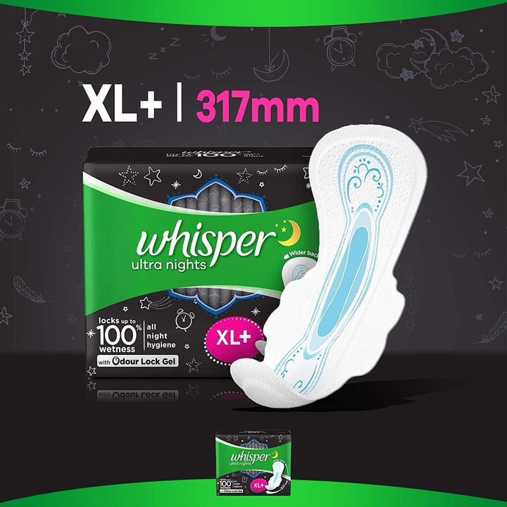 Whisper Ultra Nights XL+ 15 Pads - Extra Heavy Flow Overnight Protection with Wings