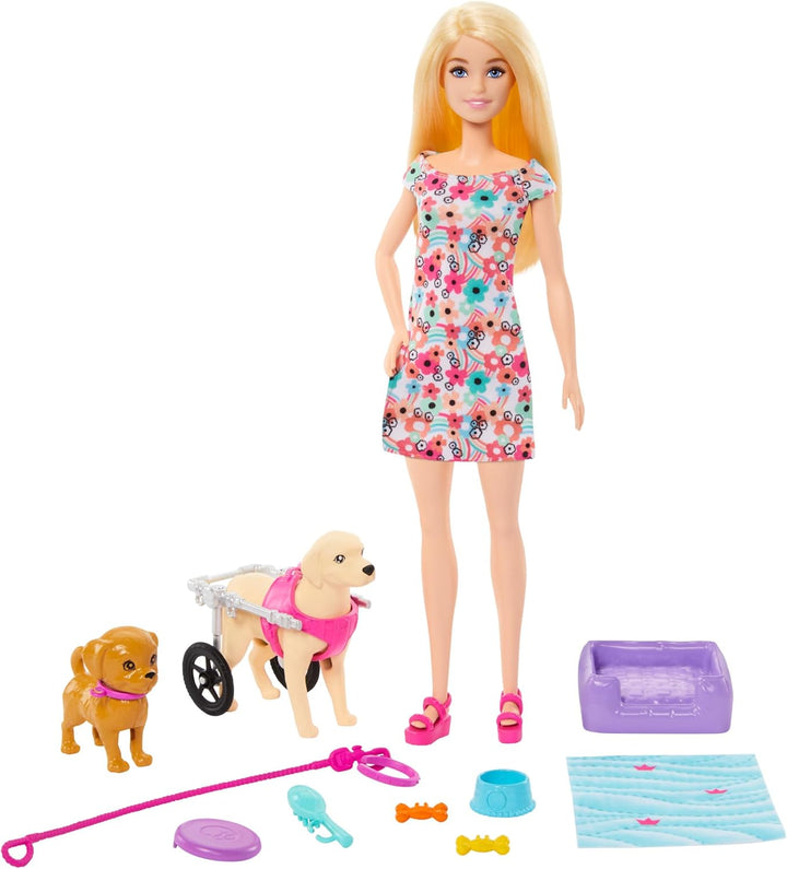 Barbie Doll with 2 Toy Dogs & Pet Accessories, 1 Pup in a Removable Wheelchair w