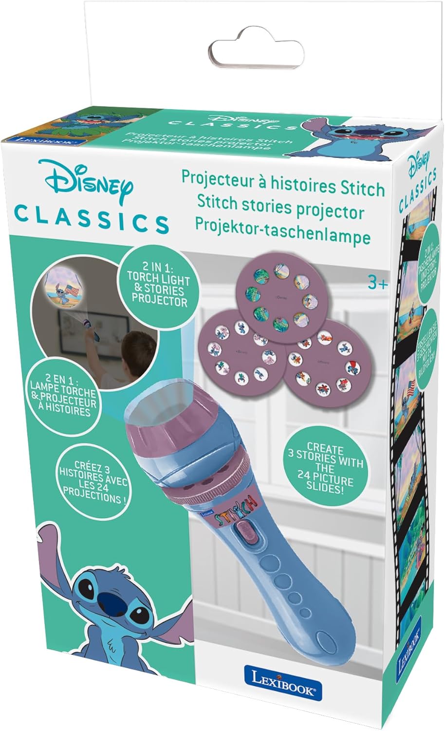 LEXIBOOK LTC050D Disney Stitch, Torch Light and Projector with 3 Discs, 24 Image - LEXIBOOK (Toy, Educational)