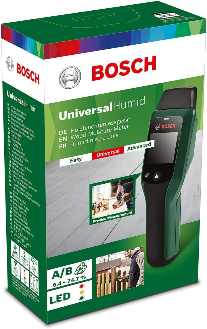 Bosch UniversalHumid Moisture Meter - Pin-Type Wood Moisture Detector with Traffic Light LED, Wood Group Selection, and Hold Function