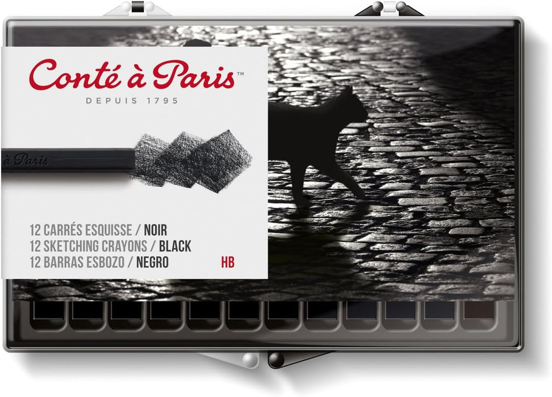 Conte à Paris Sketching Carre Crayons - Black HB (Pack of 12) | Square Pastel Pencils for Artists, High Pigment, Lightfast, Ideal for Detailed Sketching & Drawing