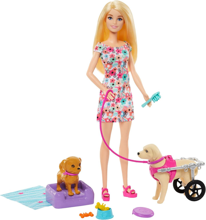 Barbie Doll with 2 Toy Dogs & Pet Accessories - Includes Removable Wheelchair for Ages 3+