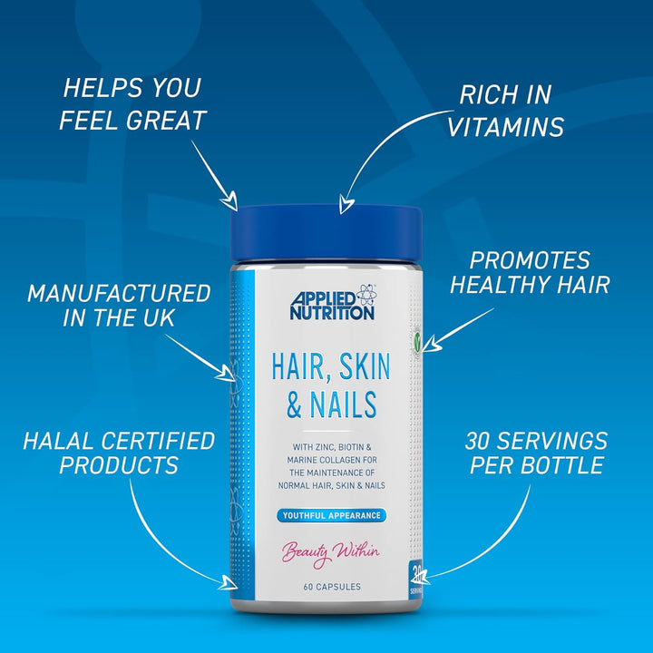 Applied Nutrition Hair, Skin, Nails - Biotin & Marine Collagen Supplement for Healthy Hair, Skin, and Nails - 60 Capsules