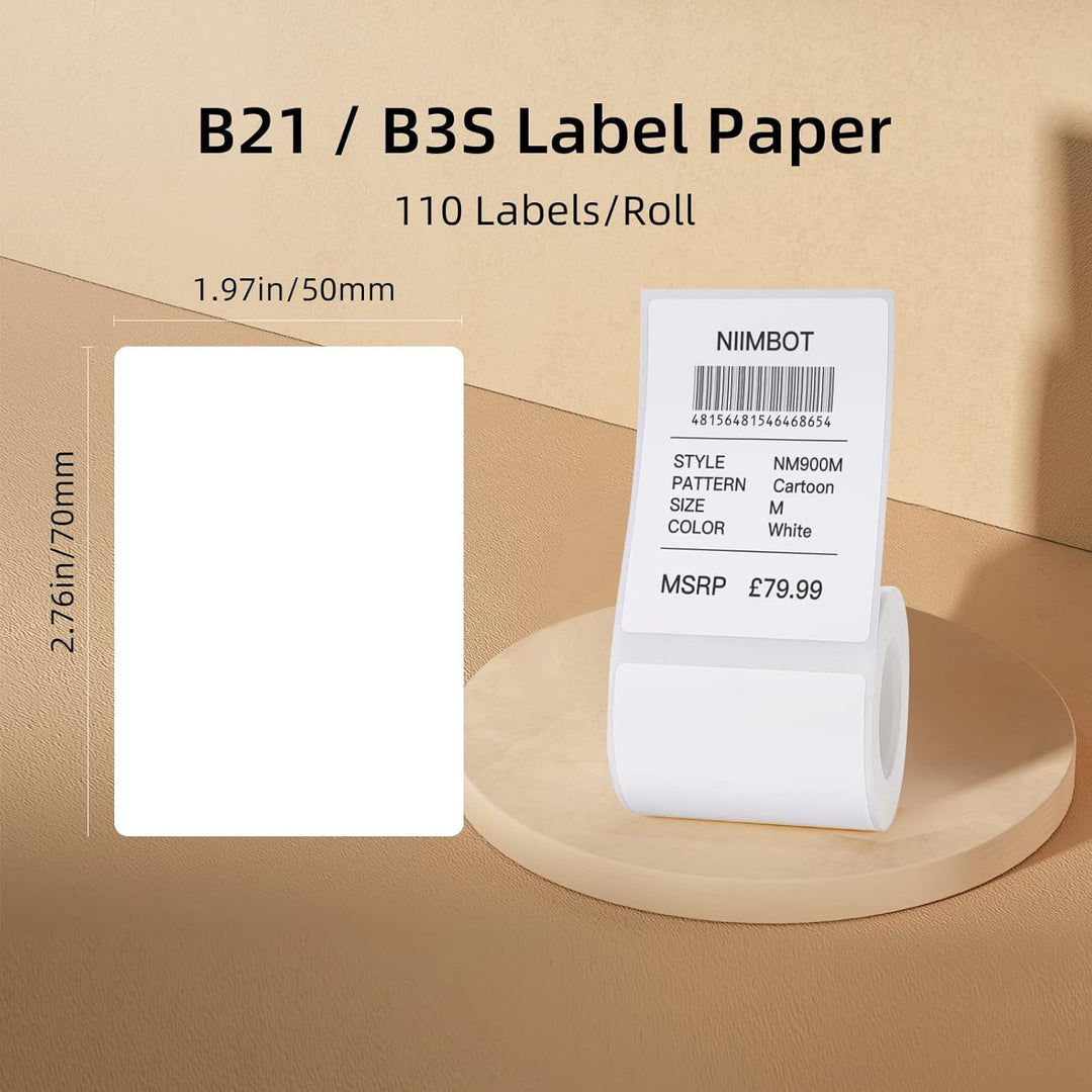 NIIMBOT B21/B3S Label Maker Tape - 1.97" x 2.76" (50x70mm) Waterproof Sticker Paper, 110 Labels per Roll, Strong Adhesive, Tearproof, Oil-Proof, Compatible with NIIMBOT B21 Printer