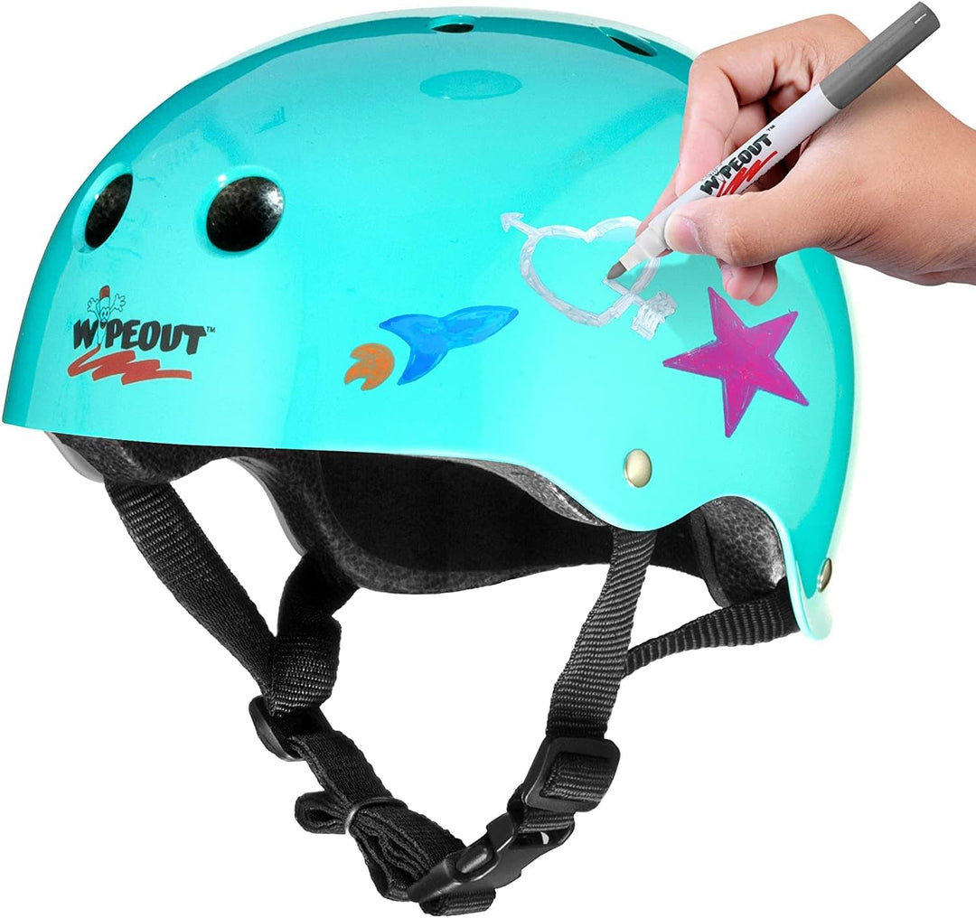 Wipeout Unisex Youth Dry Erase Bike, Skate, and Scooter Helmet with Markers and Stencil Kit, Teal Blue, Ages 5+