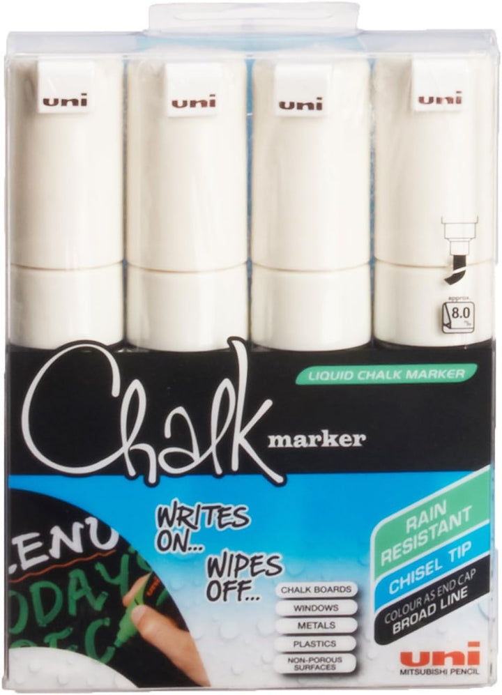 Uni-Ball F804800 522613 CHALK PWE-8K White Chisel Tip Chalk Marker (8.0mm), Pack of 4