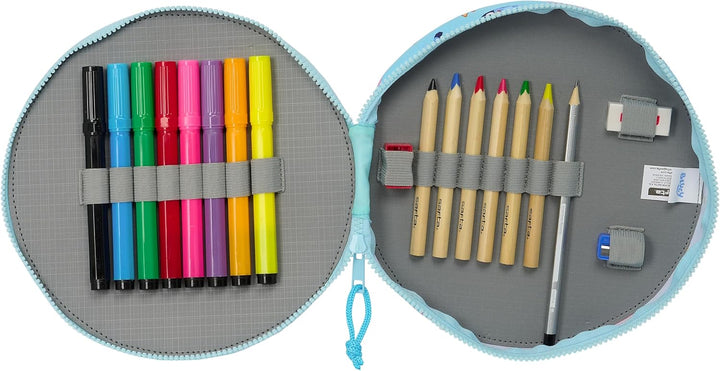 Safta Blue Round Pencil Case with 18 Pieces, Easy Cleaning, Children's Pencil Case (M633-412433633)