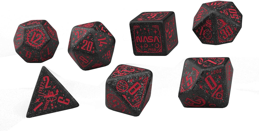 Q WORKSHOP - Space Dice Set Voyager RPG Dice – Shimmering Black with Red Engraving (7-Piece Set)