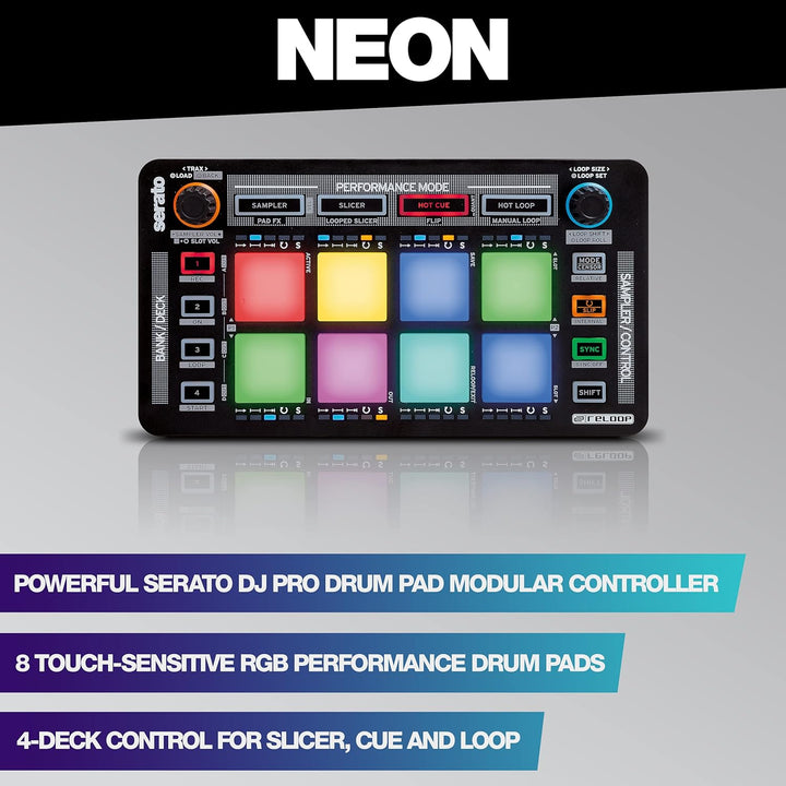 Reloop Neon USB DJ Controller - 8 Velocity-Sensitive RGB Performance Pads for Serato DJ