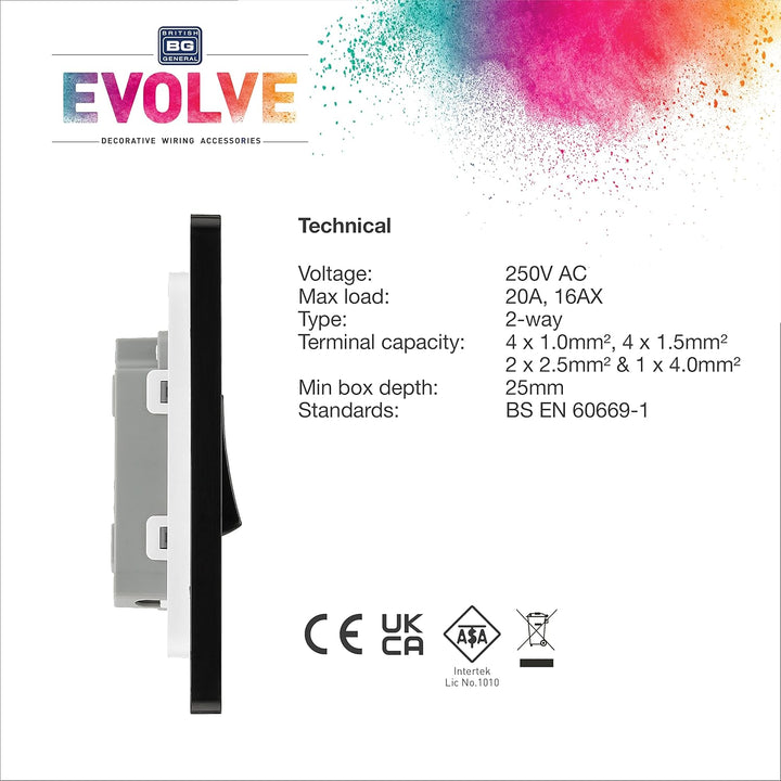 BG Electrical Evolve Single Light Switch, 20A, 2 Way, Matt Black - Stylish Modern Design, Screwless Front Plate, Easy Installation, BS60669-1 Compliant