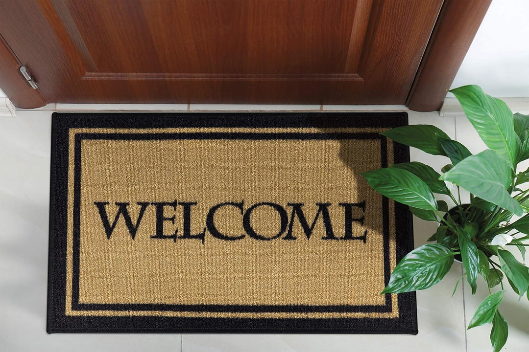 Ottomanson Rectangular Welcome Bordered Doormat, 51 cm x 76 cm, Beige, Nylon with Rubber Backing