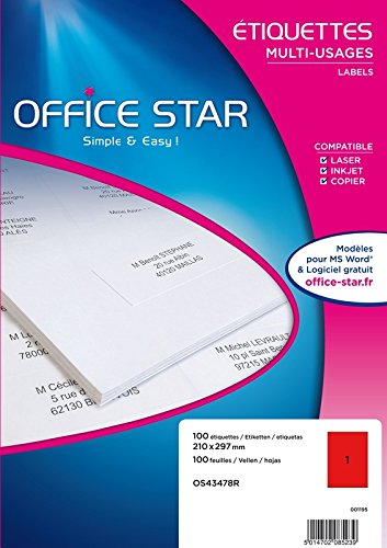 Office Star Box of 100 – Multi-Purpose Labels – 210 x 297 mm – Red (os43478r)