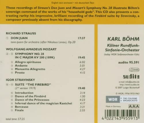 Strauss, R – Don Juan; Mozart - Symphonie Nr. 28; Strawinsky - Der Feuervogel (Kölner Rundfunk-Sinfonie-Orchester/Bohm) [Audio CD]