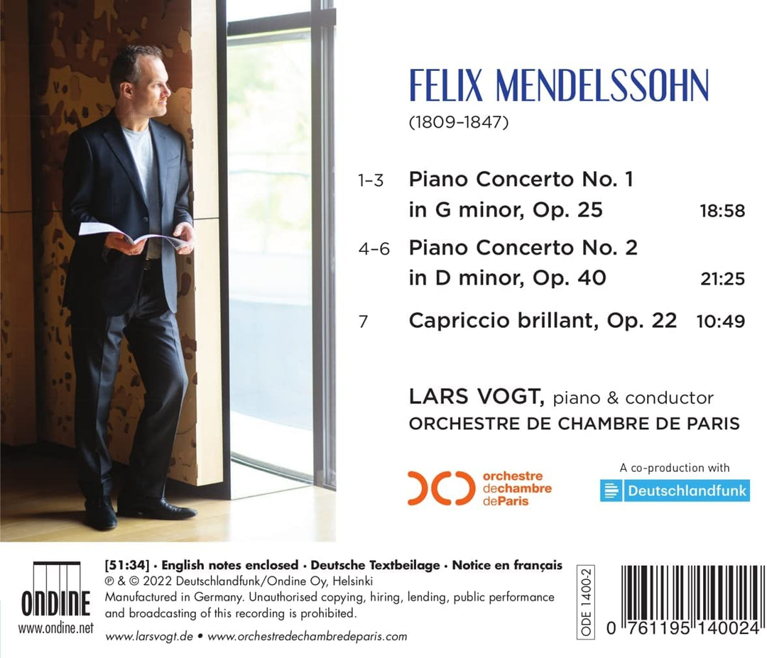 Mendelssohn: Klavierkonzerte [Lars Vogt; Orchestre de chambre de Paris] [Ondine: ODE 1400-2] [Audio CD]