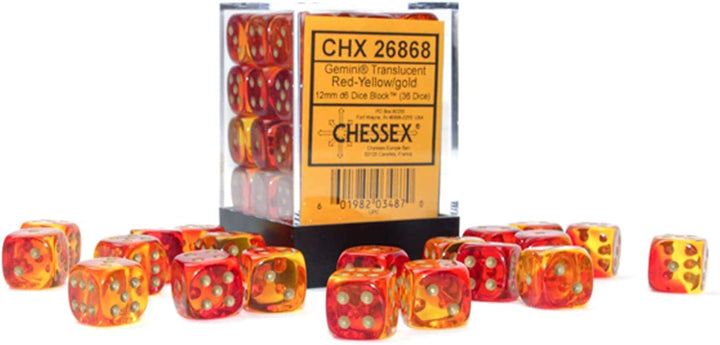 Chessex Gemini Durchscheinendes Würfelset, 36 12-mm-Würfel, Rot und Gelb mit Gold