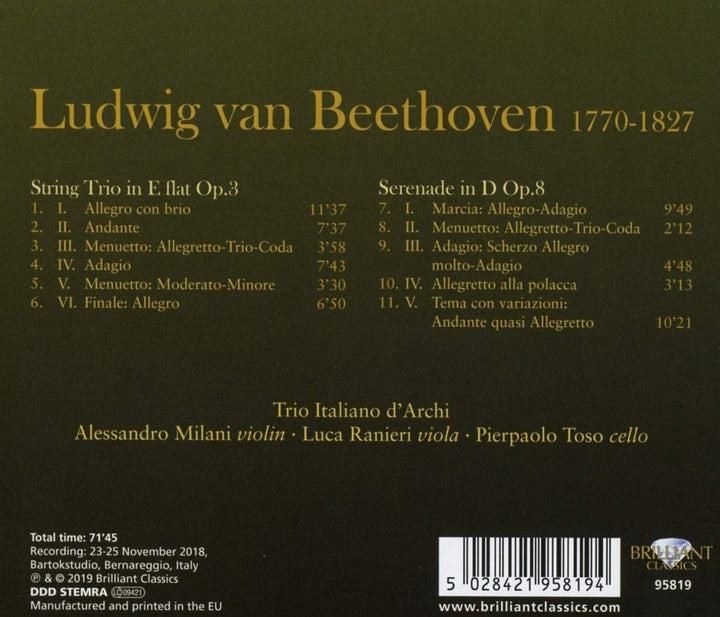 Beethoven / Trio Italiano D'Archi - Beethoven: String Trio Op. 3/Serenade Op. 8 [Audio CD]