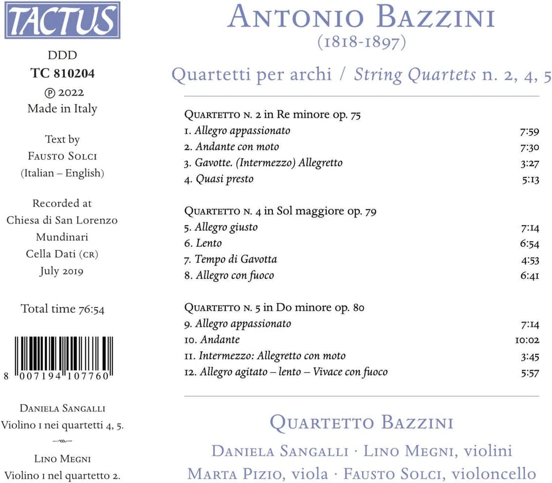 Quartetto Bazzini - Bazzini: Streichquartette [Quartetto Bazzini] [Tactus: TC 810204] [Audio CD] 