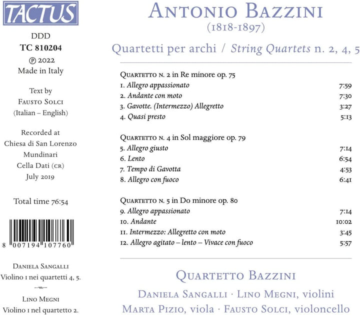 Quartetto Bazzini - Bazzini: Streichquartette [Quartetto Bazzini] [Tactus: TC 810204] [Audio CD] 