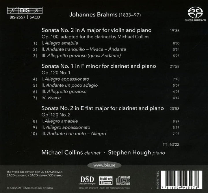 Michael Collins – Brahms: 3 Sonaten [Michael Collins; Stephen Hough] [Bis: BIS2557] [Audio CD]