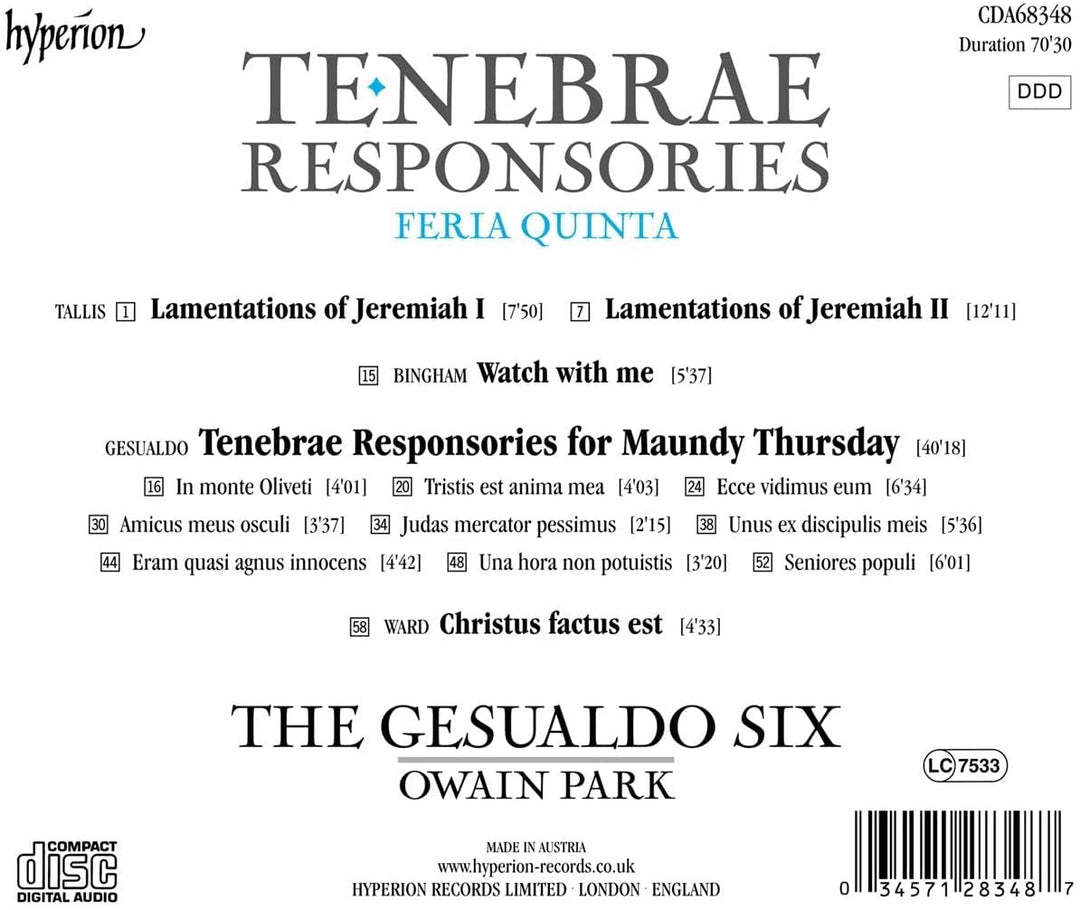 Tenebrae-Responsorien [Die Gesualdo-Sechs; Owain Park] [Hyperion Records: CDA68348 [Audio CD]