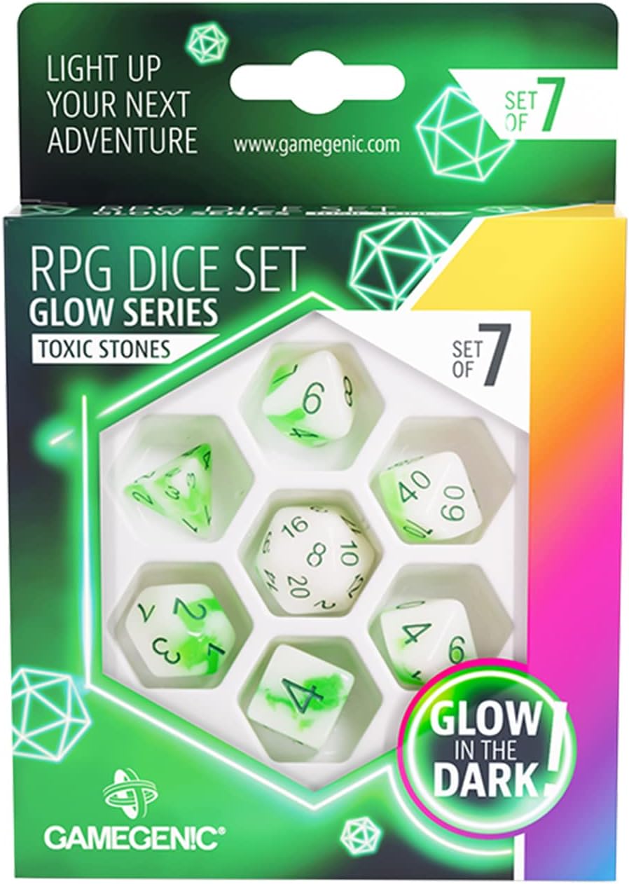 Glow Series Toxic Stones RPG Dice Set | Set of 7 Glow-in-The-Dark Dice in a Vari