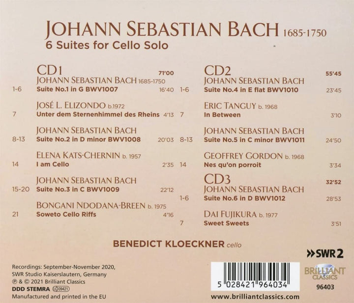 Benedict Kloeckner - JS Bach, 6 Suiten für Cello Solo BWV 1007-1012 [Audio CD]