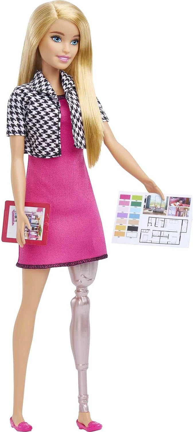 Barbie-Innenarchitektenpuppe, blond, rosa Kleid und Jacke mit Hahnentrittmuster, Prothese