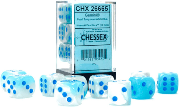 Chessex Luminary Würfel-Set, 12 16-mm-Würfel, Perlentürkis und Weiß mit blauer Farbe