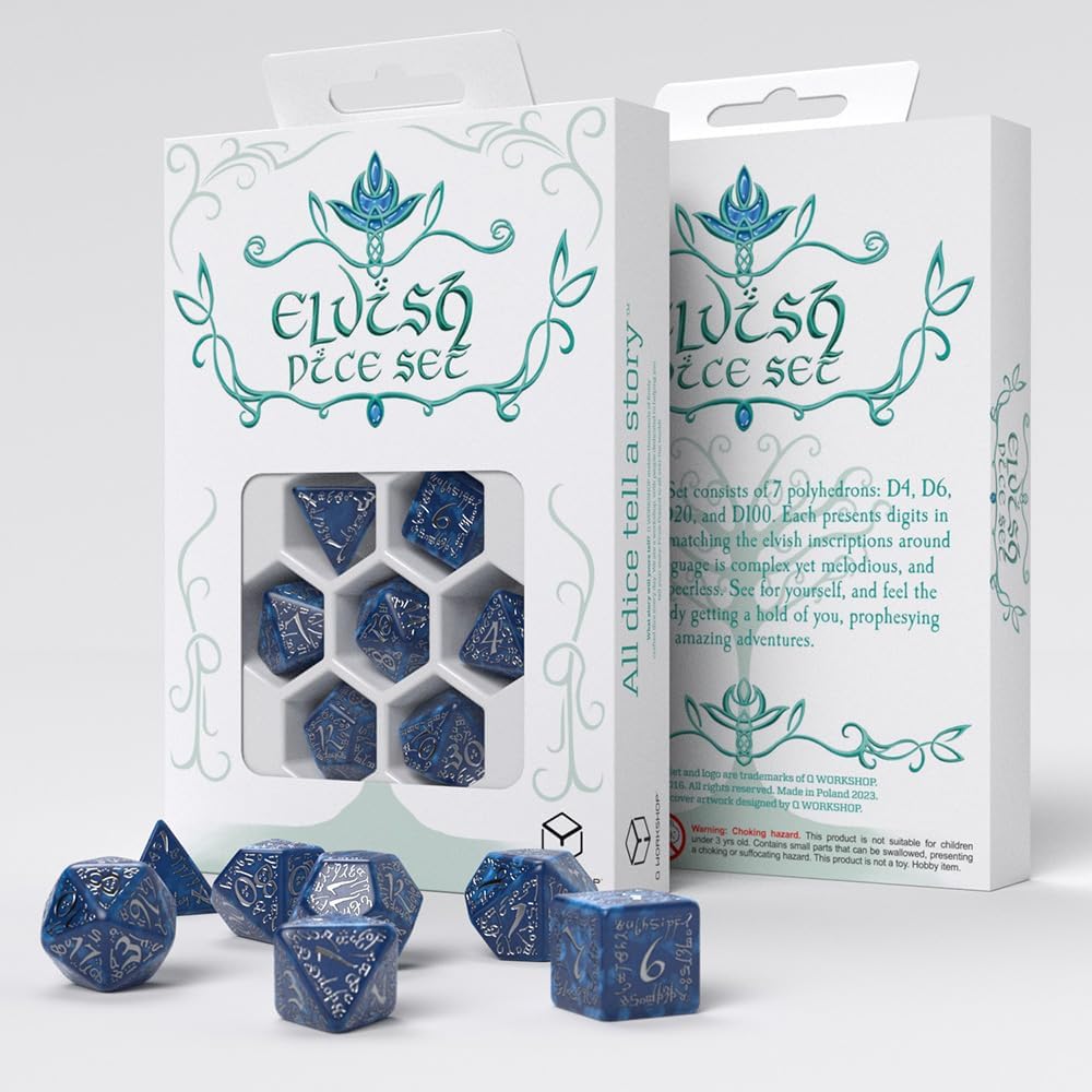 Elvish Cobalt & Silver Dice Set by Q-Workshop, Dice Board Game