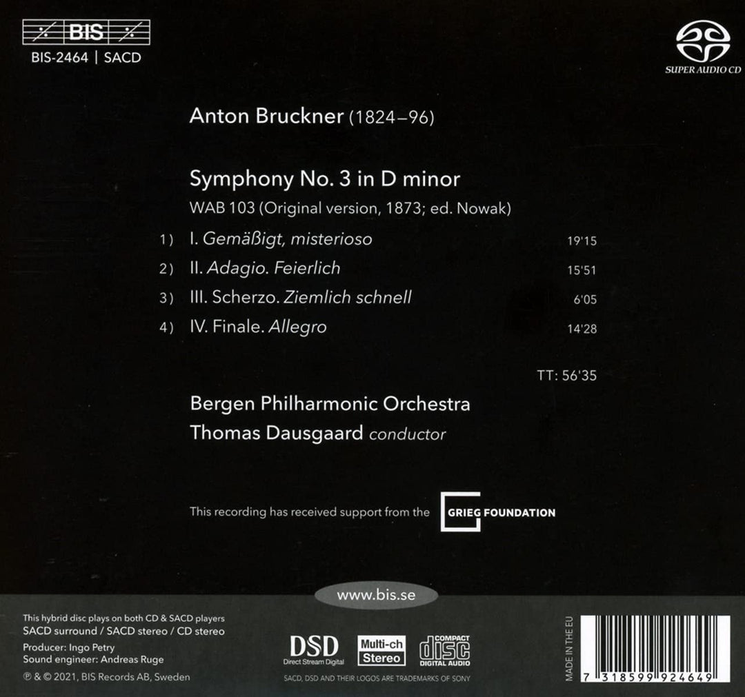 Bruckner: Symphony No. 3 [Bergen Philharmonic Orchestra; Thomas Dausgaard] [Bis: BIS2464] [Audio CD]