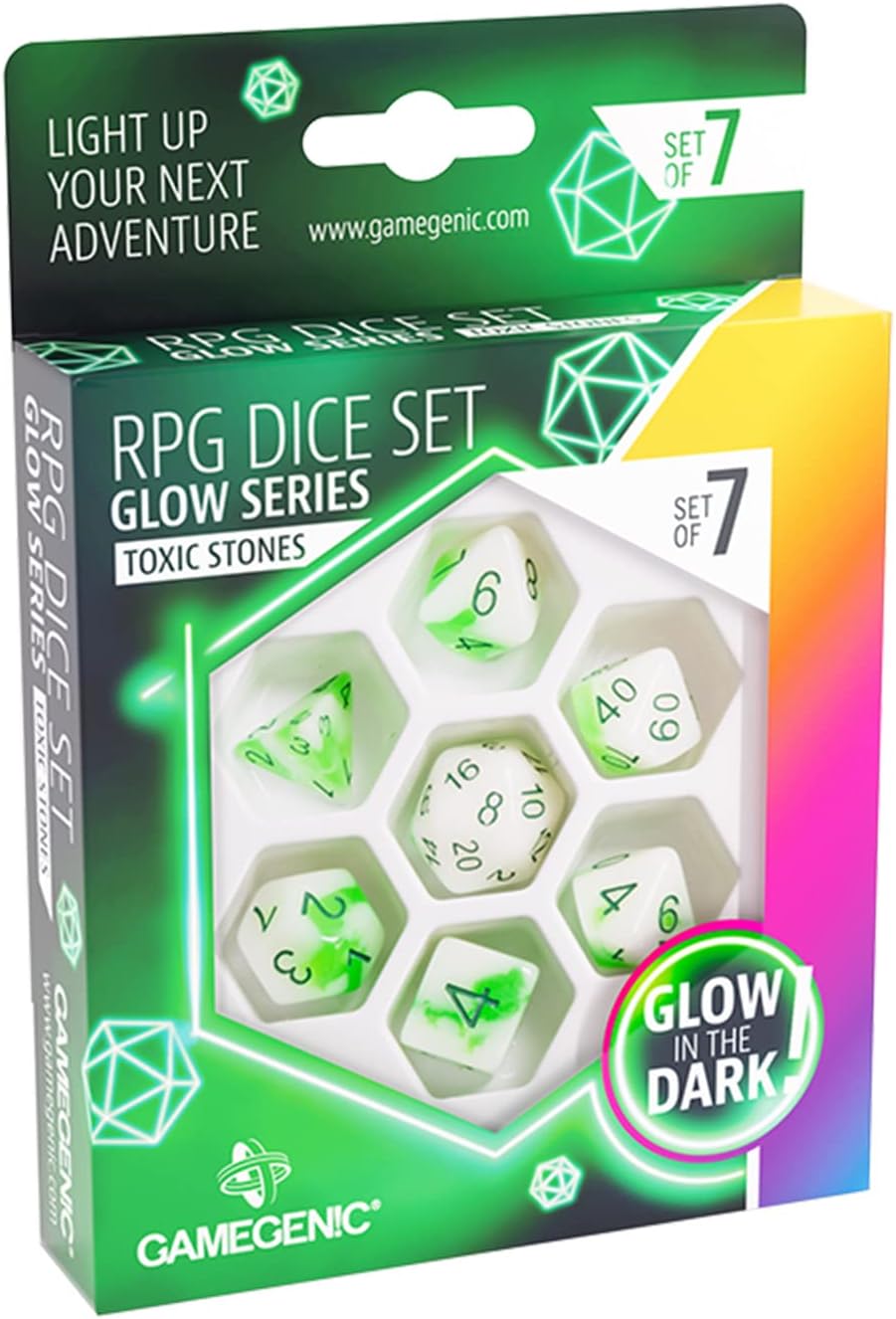 Glow Series Toxic Stones RPG Dice Set | Set of 7 Glow-in-The-Dark Dice in a Vari