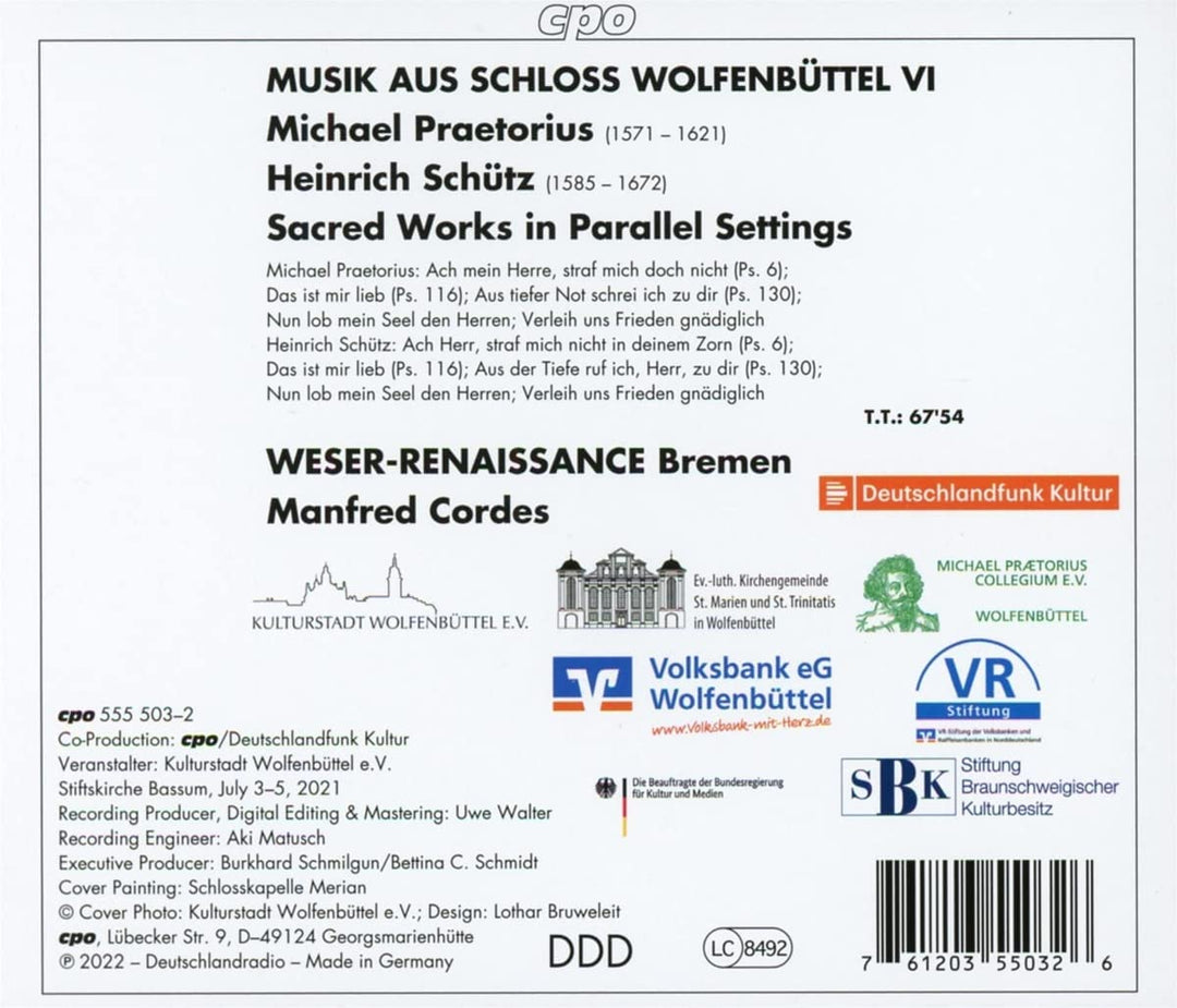 Prätorius; Schütz: Musik aus Schloss Wolfenbüttel, Bd. 6 [Weser-Renaissance Bremen; Manfred Cordes] [Cpo: 555503-2] [Audio CD]