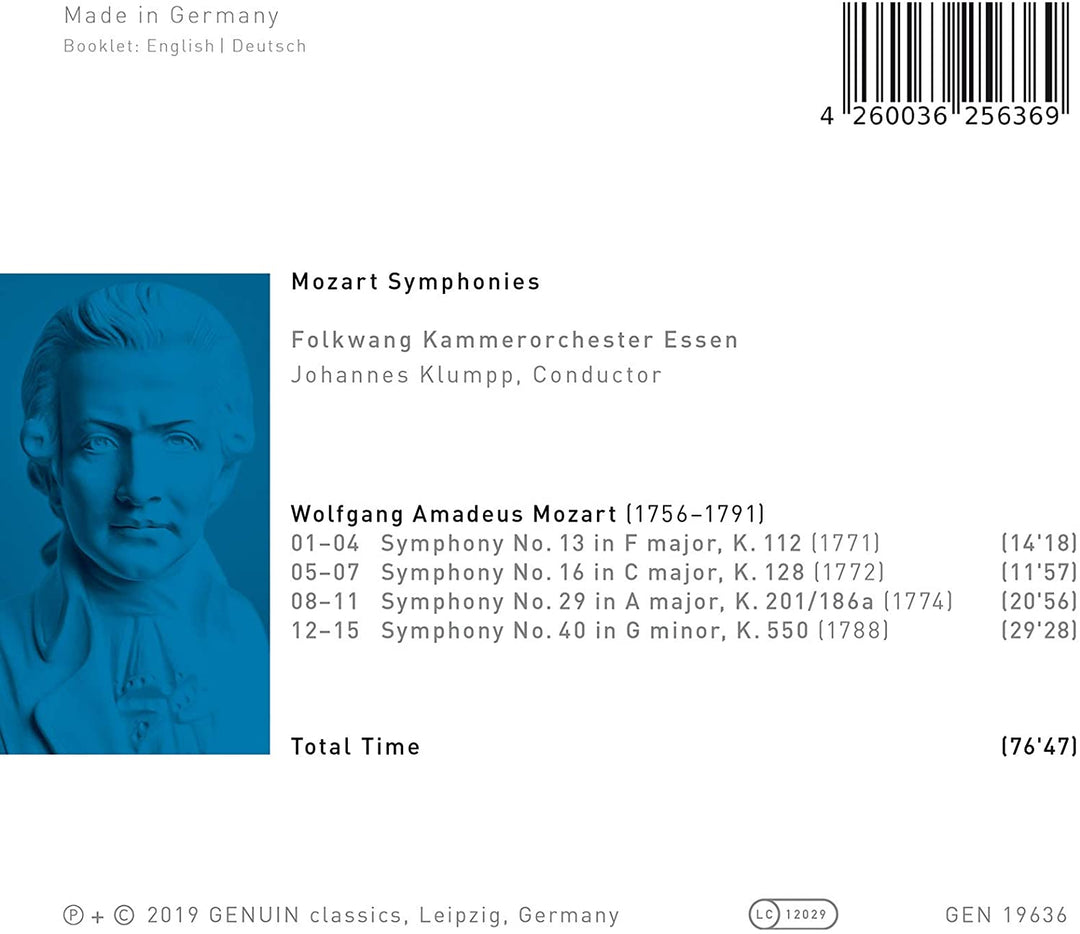 Mozart: Sinfonien [Folkwang Kammerorchester Essen; Johannes Klumpp] [Genuin Classics: GEN19636] [Audio CD]