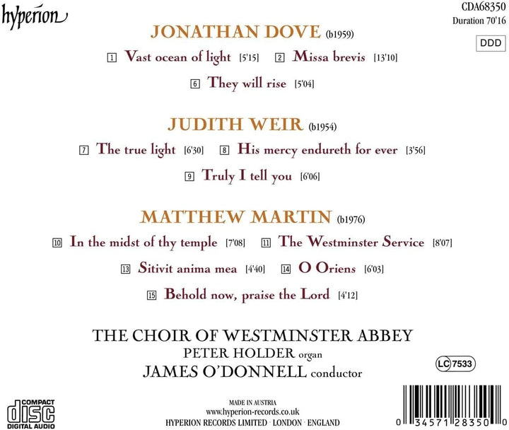 Jonathan Dove; Judith Weir; Matthew Martin: Chorwerke [Peter Holder; Chor der Westminster Abbey; James O'Donnell] [Hyperion Records A68350] [Audio CD]