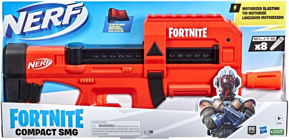 Nerf Fortnite Compact SMG motorisierter Dartblaster, Ultra Red Wrap, 8-Dart Interna