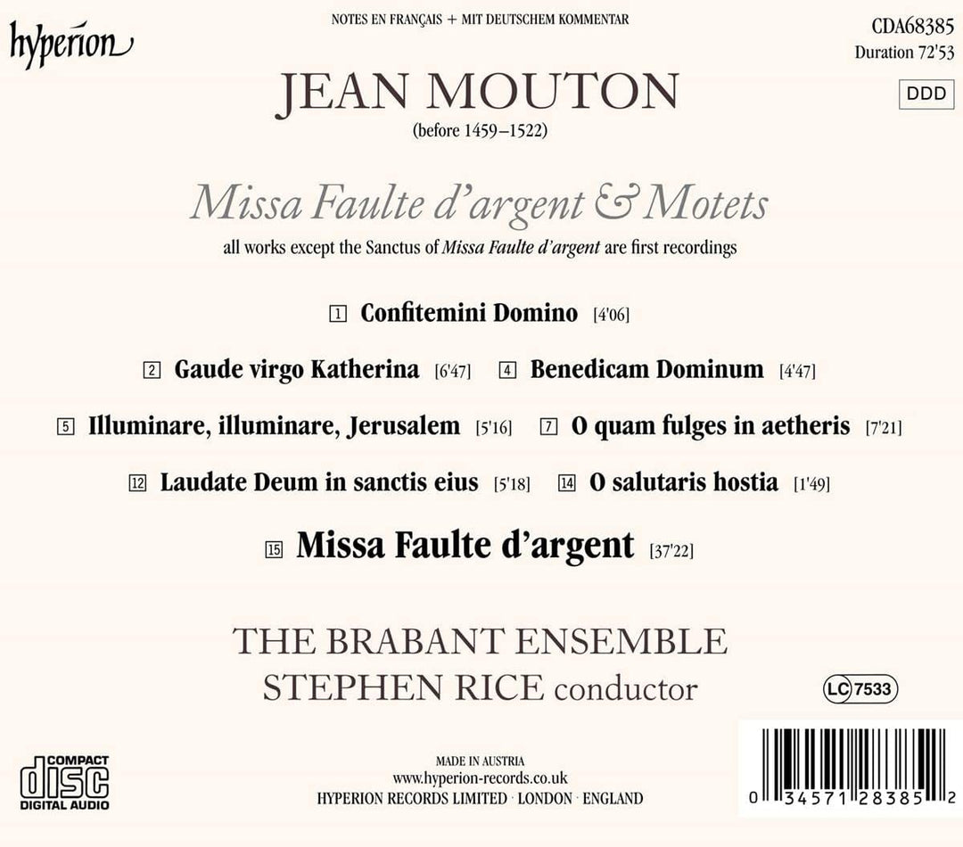 Mouton: Missa Faulte d-argent &amp; Motets [The Brabant Ensemble; Stephen Rice] [Audio-CD]